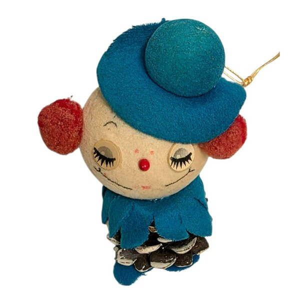 VTG Pinecone Snowman Ornament Winking Eyes Blue Hat Japan Christmas Clown MCM - Picture 7 of 9